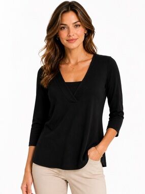 Geoffrey Beene Black Knit Top, 3:4 Sleeve Stretch Classic,M
